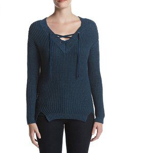Womens Ruff Hewn Teal Lace up Pullover Sweater Size Large V Neck NWT